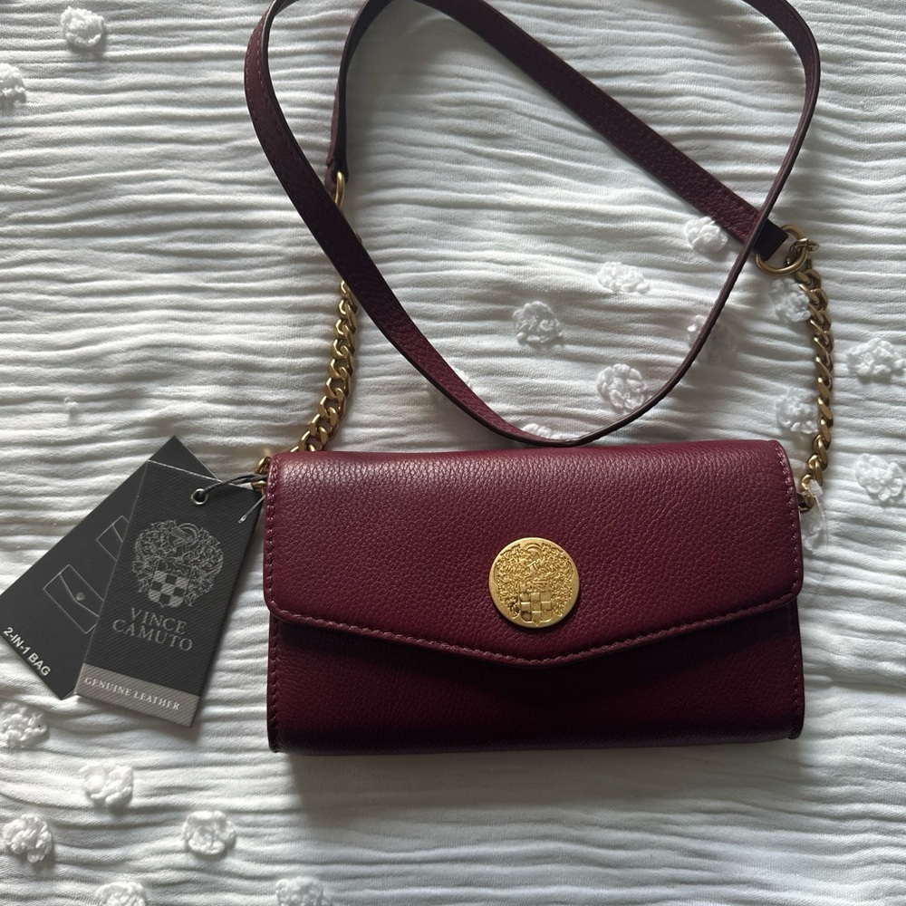 Vince Camuto Wine Leather Crossbody with Gold Detail